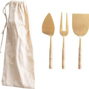 NIP SET 3 Bloomingville Gold Stainless Steel Cheese SERVERS Woven Rattan Handles